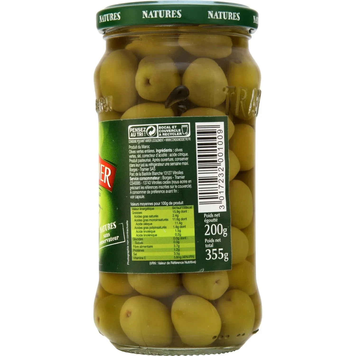 Olives vertes  entières natures  TRAMIER