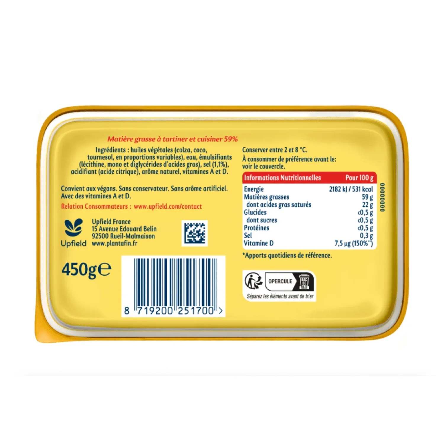 Margarine doux tartine et cuisson sans huile de palme PLANTA FIN