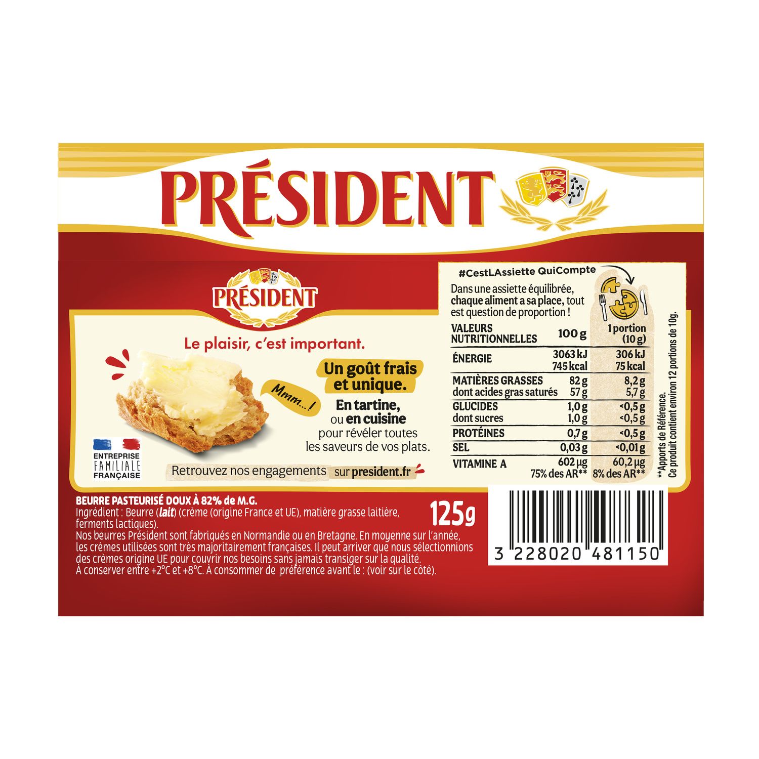 Beurre Gastronomique Doux 82% MG PRESIDENT