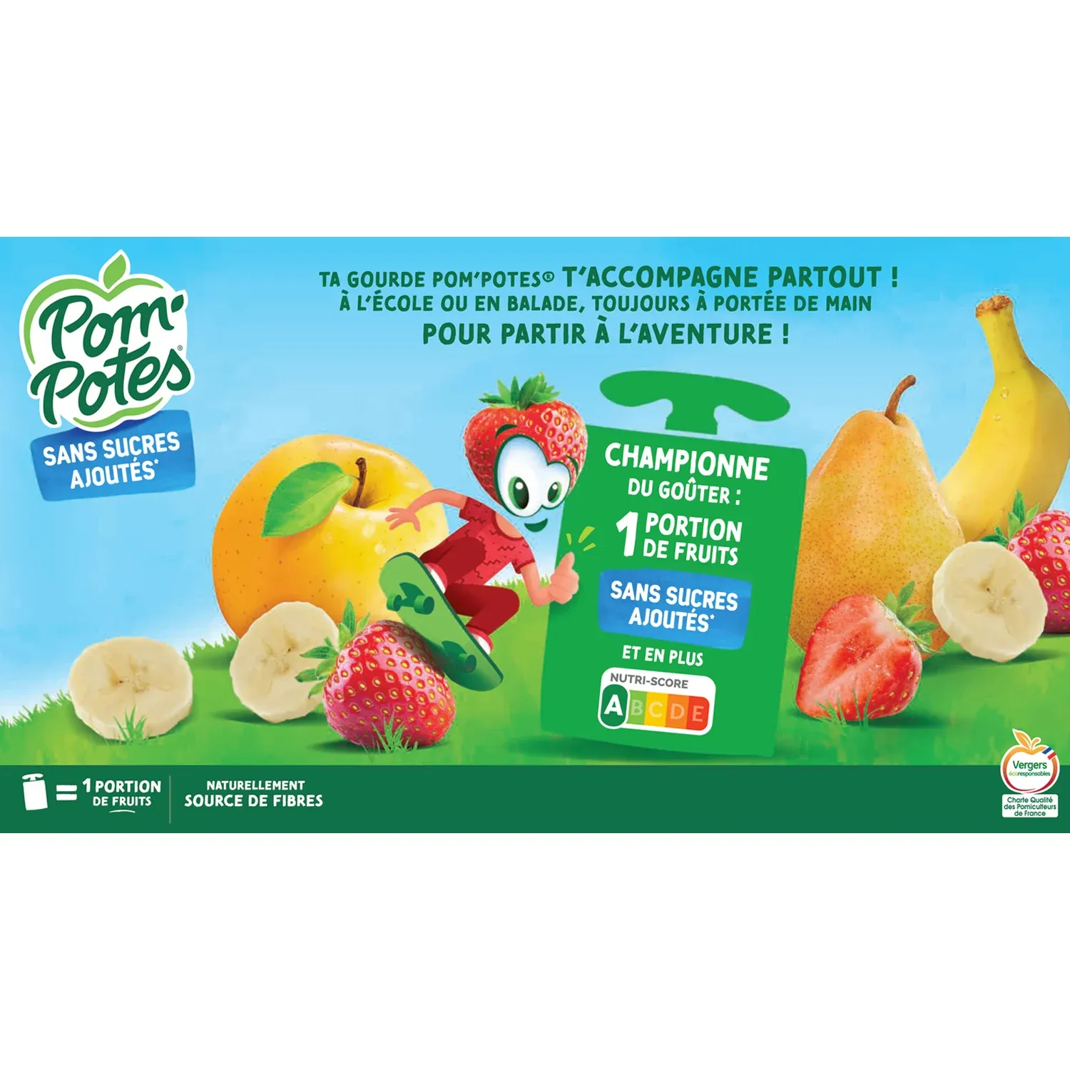 Compotes pomme, poire, fraise, banane fraise sans sucres ajoutés POM'POTES
