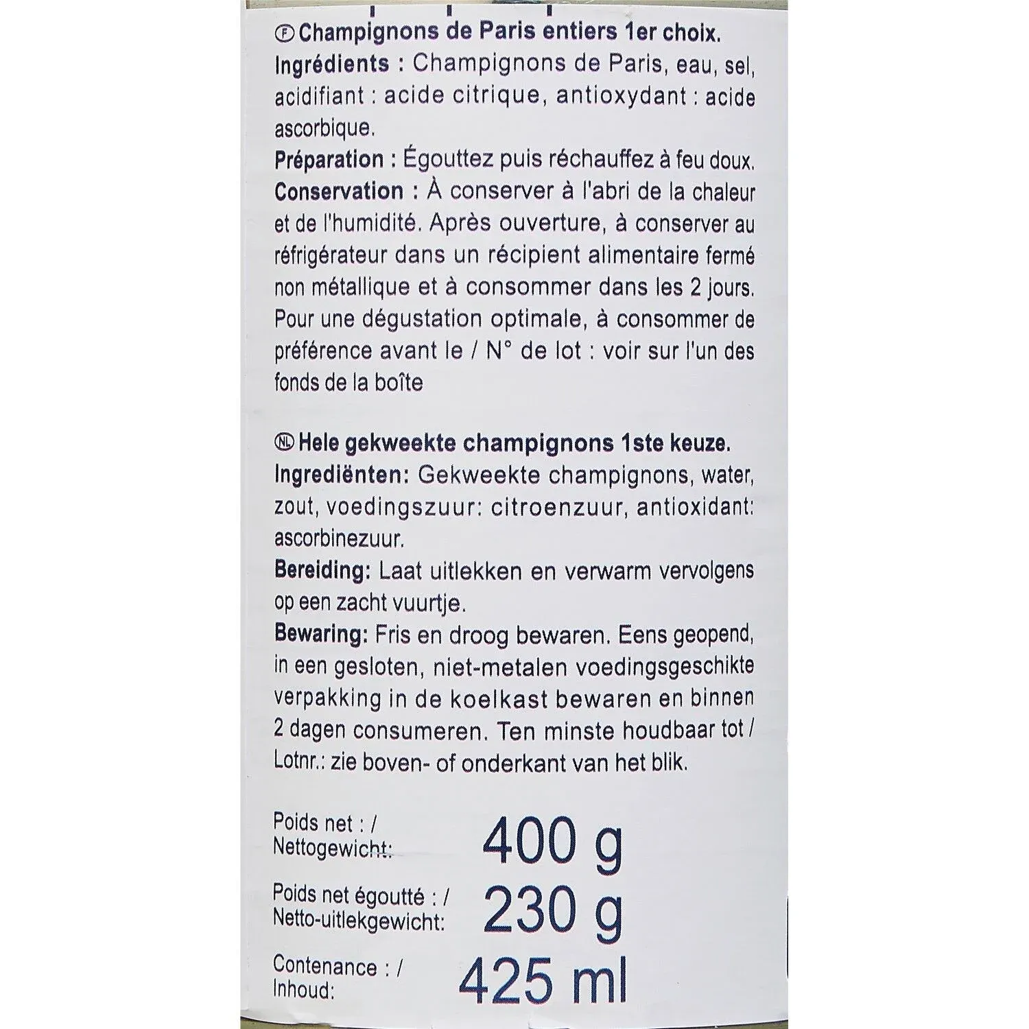 Champignons de Paris entiers 1er choix SIMPL