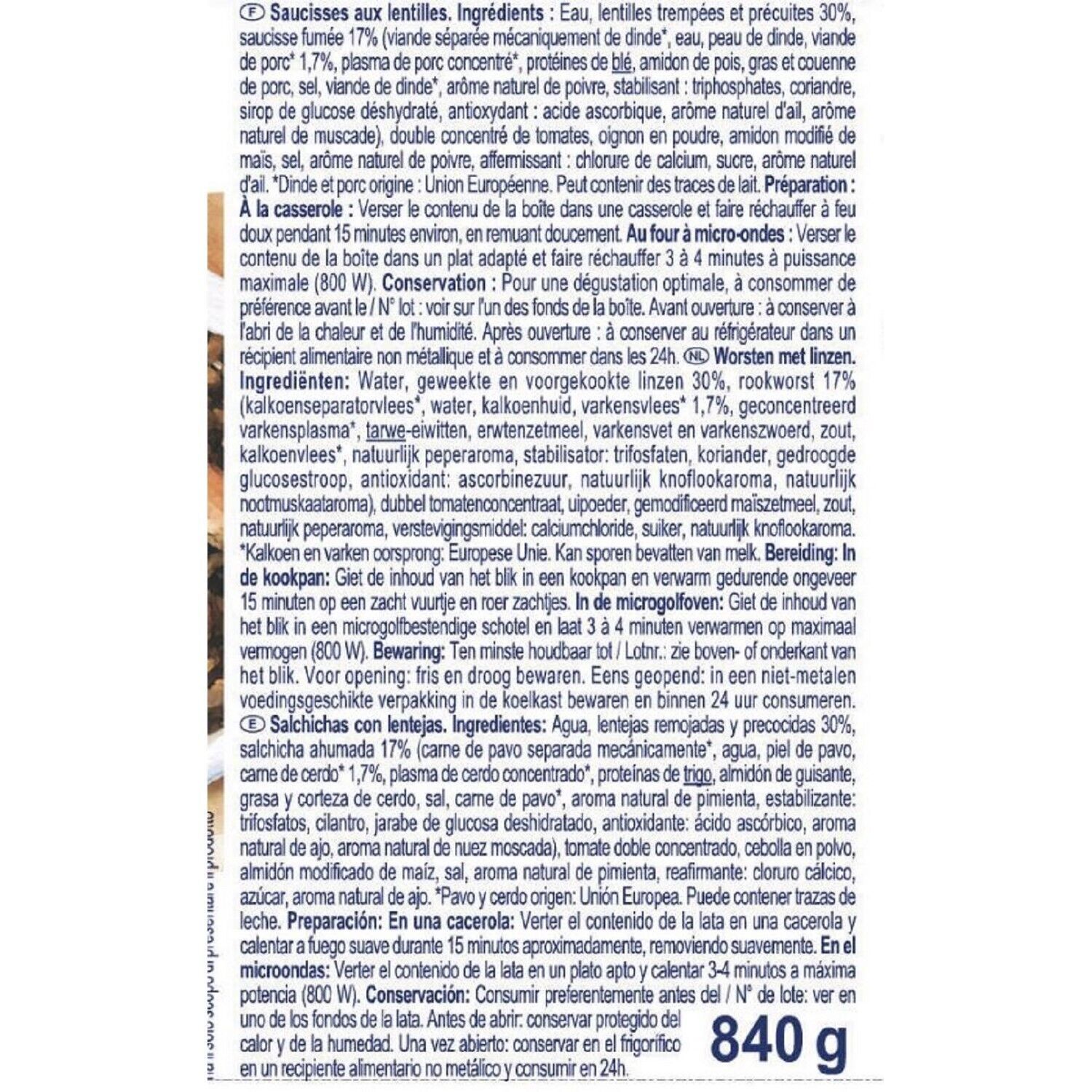 Plat cuisiné saucisses aux lentilles SIMPL
