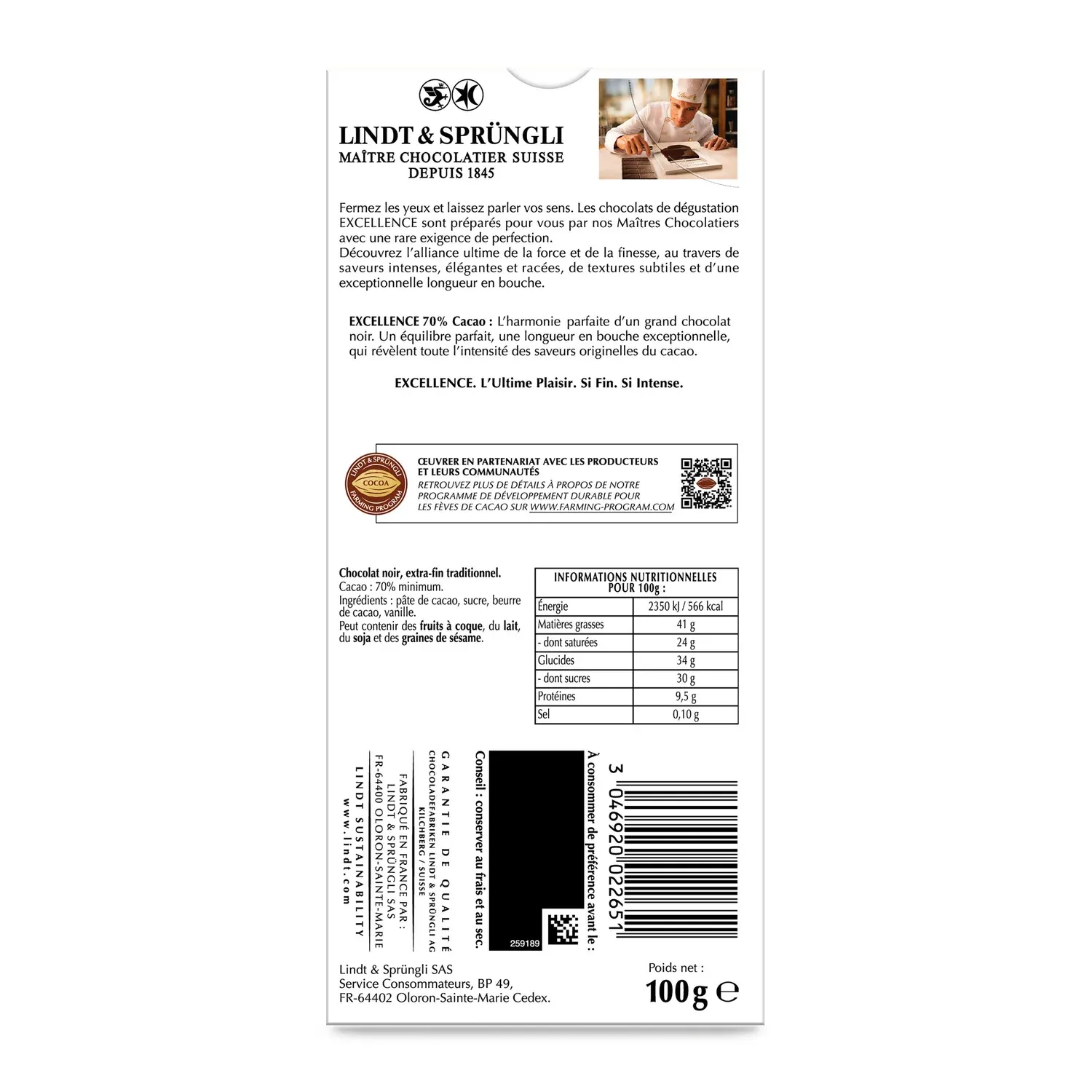 Tablette de Chocolat Noir Excellence 70% Sel Rose LINDT