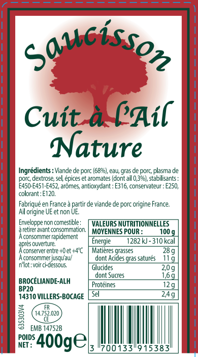 SAUCISSON CUIT A L’AIL NATURE