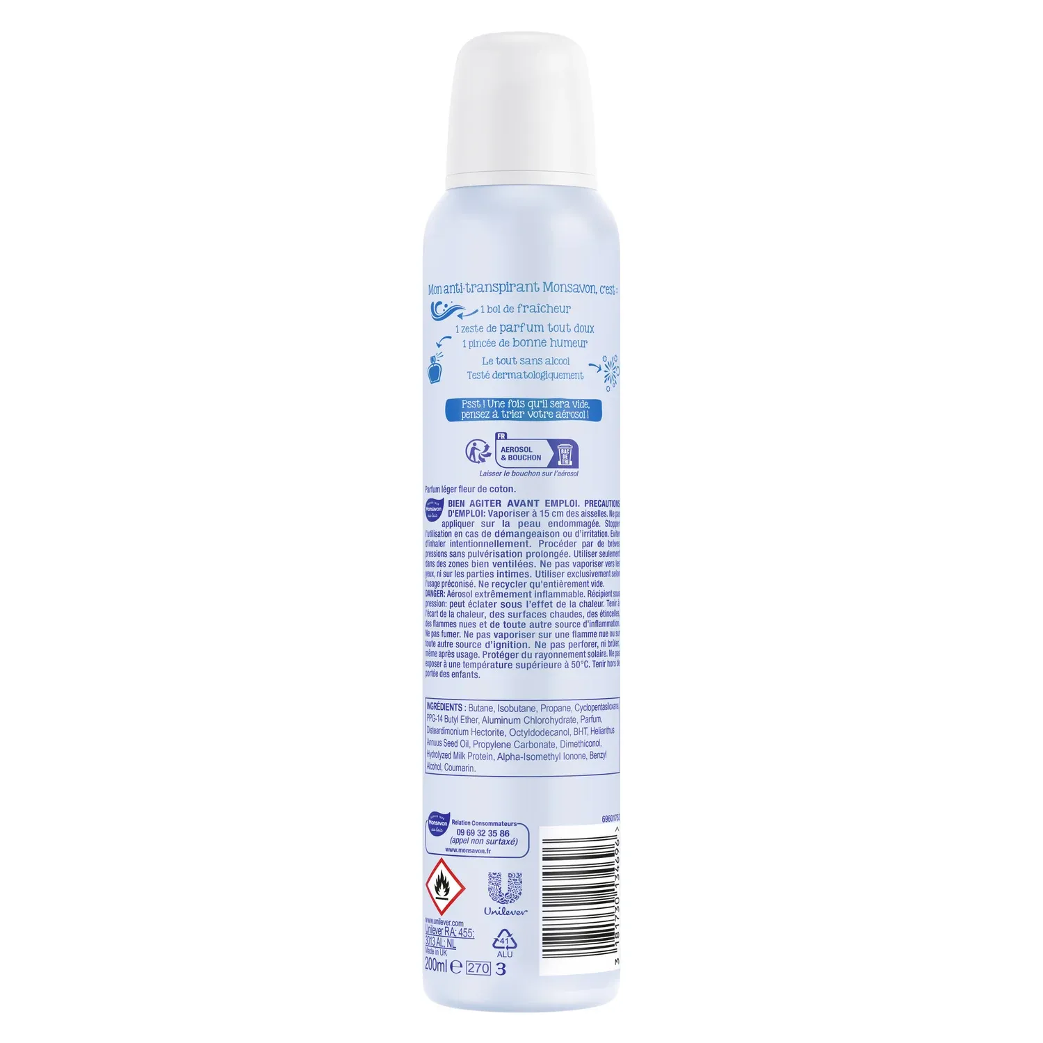 Déodorant spray Anti-transpirant 48h Anti-traces Lait et Coton MONSAVON
