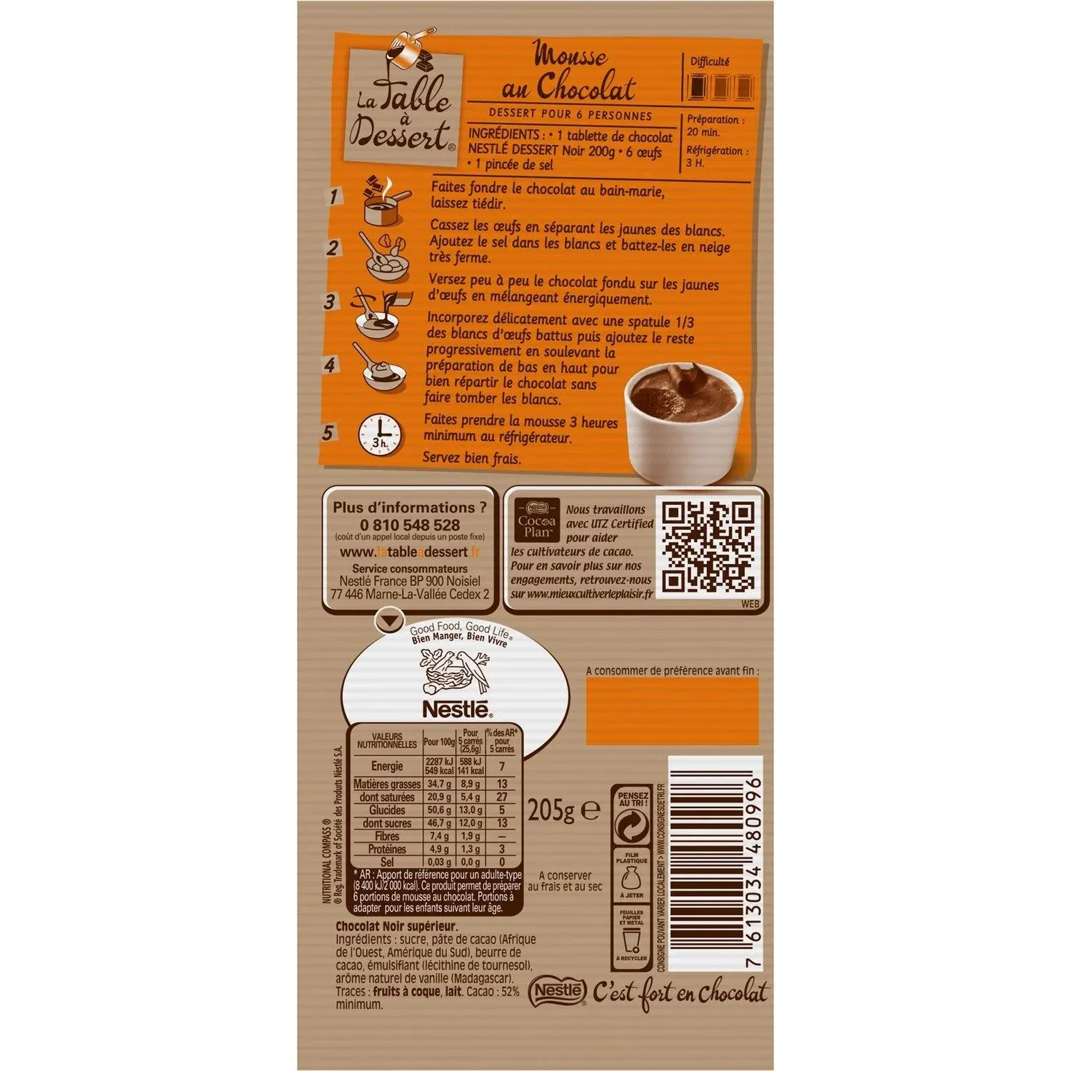 Tablette de Chocolat Noir Dessert NESTLE