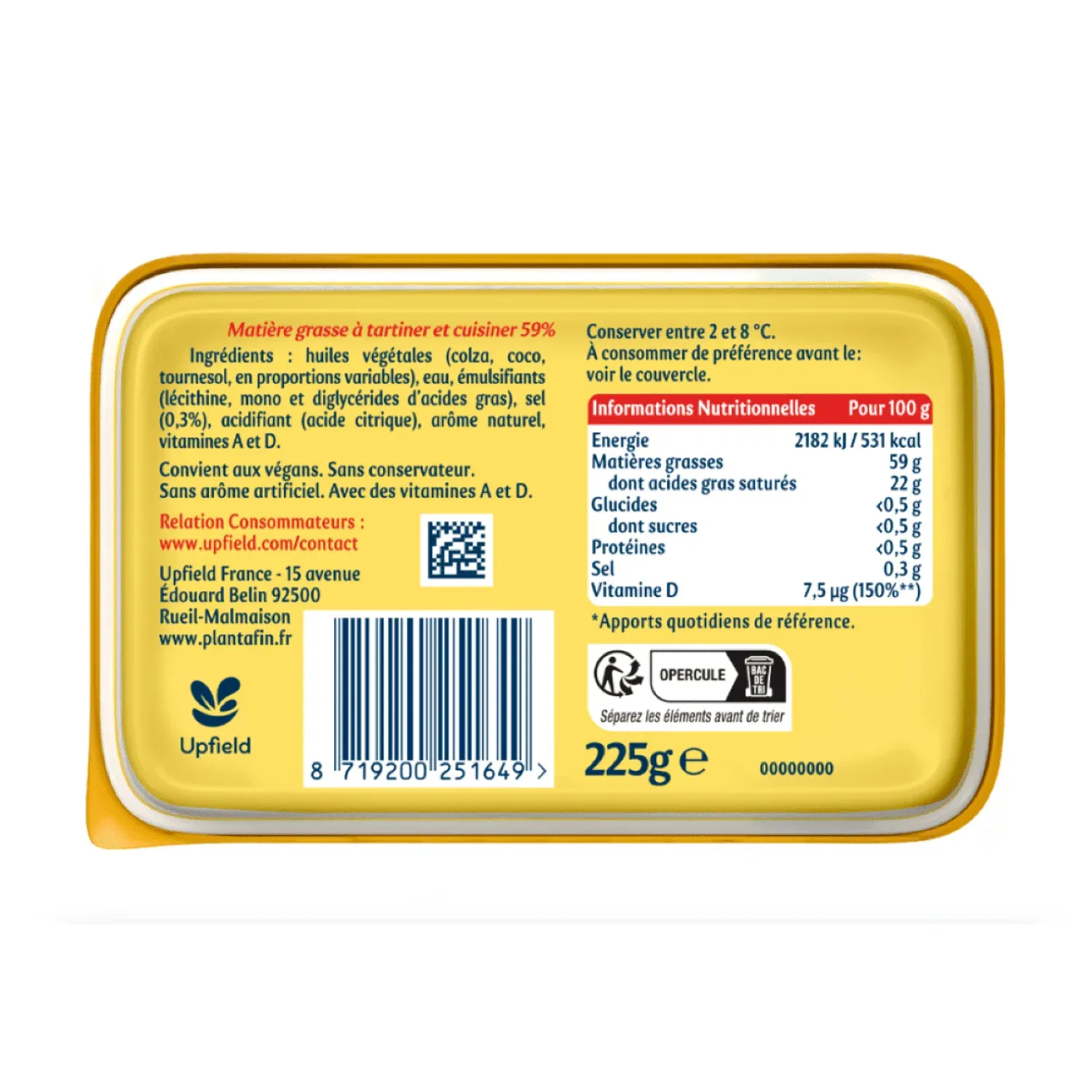 Margarine doux tartine et cuisson sans huile de palme PLANTA FIN