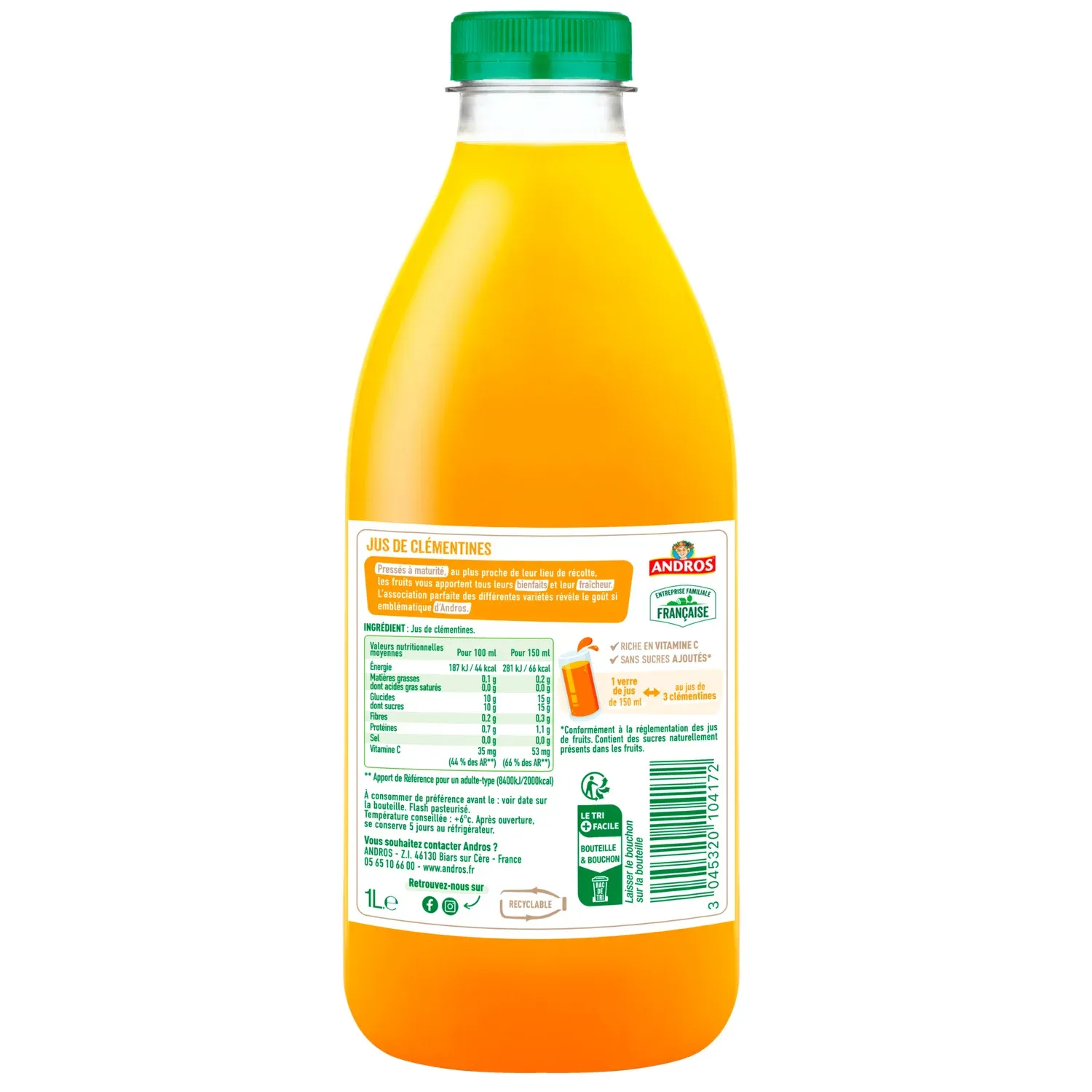 Jus De Clémentine Pressées 100% Pur Jus Sans Sucres Ajoutés ANDROS