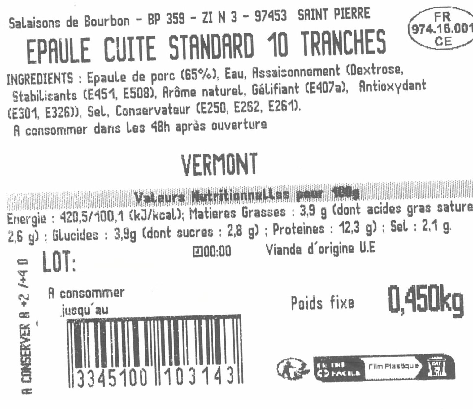 ÉPAULE CUITE STANDARD 450G 10 TRANCHES VERMONT
