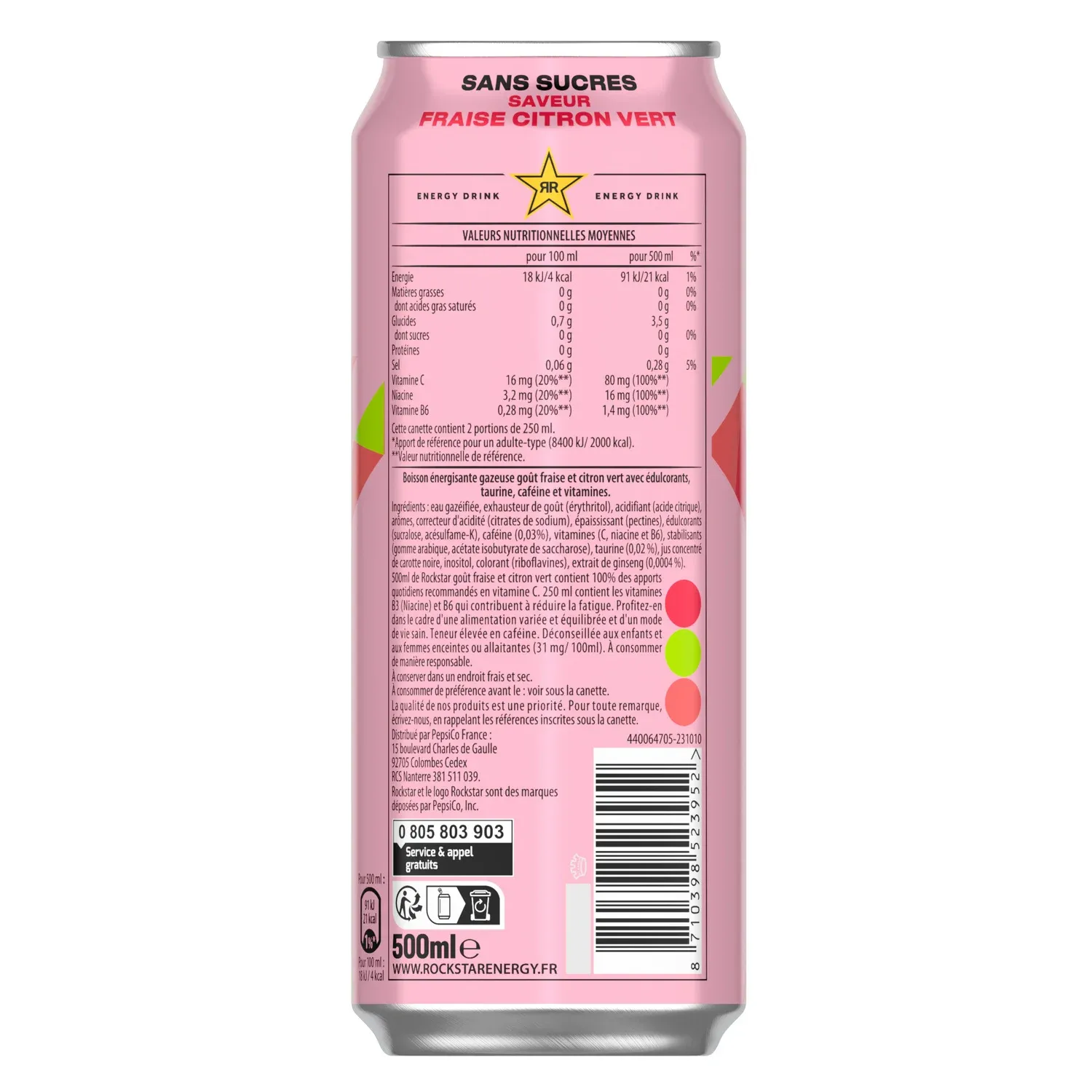 Boisson énergisante sans sucres saveur Fraise Citron vert ROCKSTAR