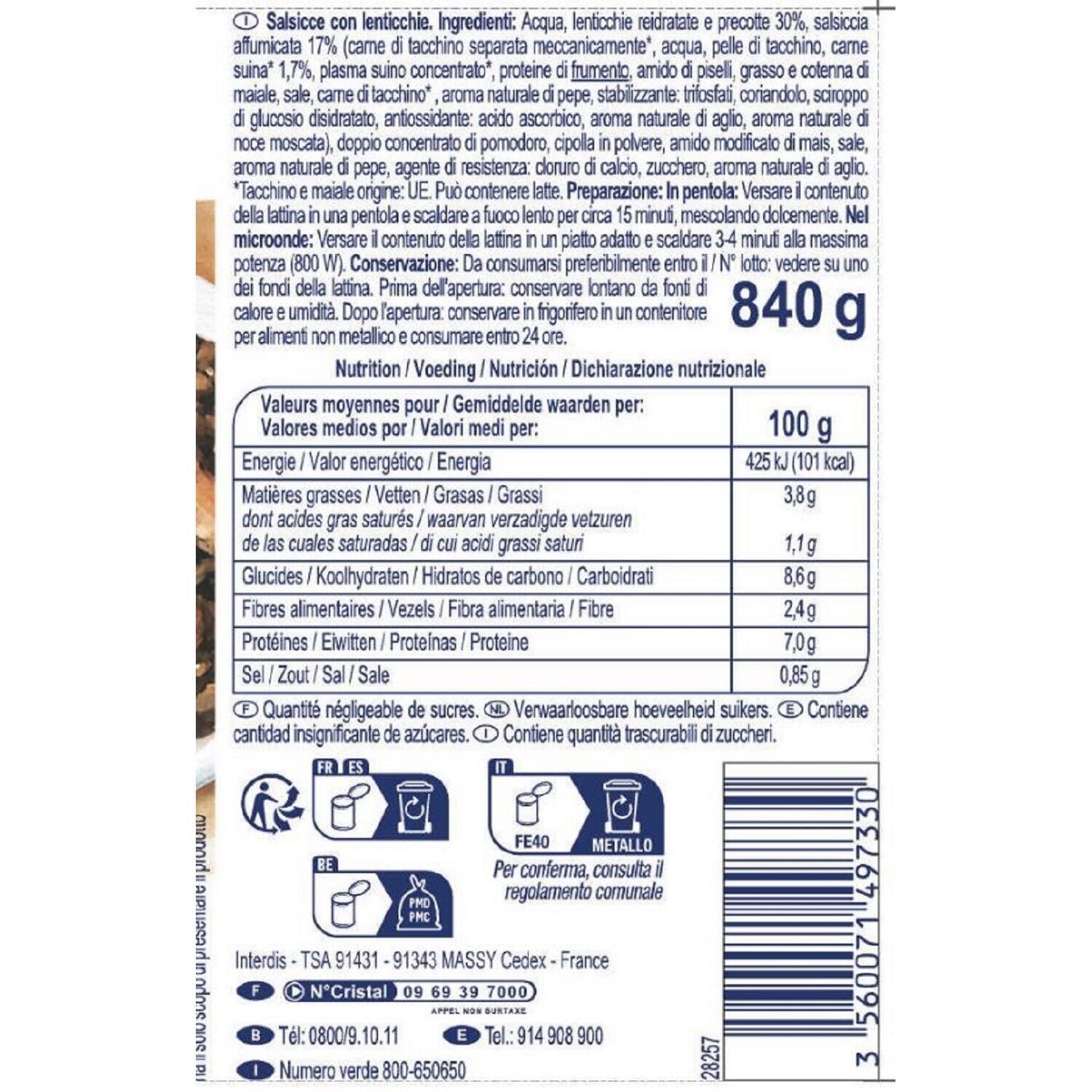 Plat cuisiné saucisses aux lentilles SIMPL
