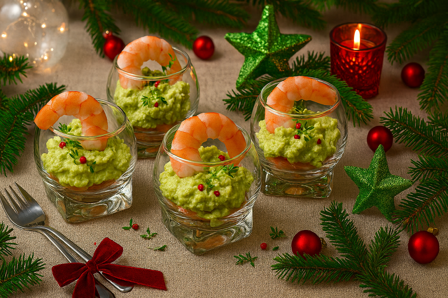 Verrines avocat, saumon fumé et crevettes