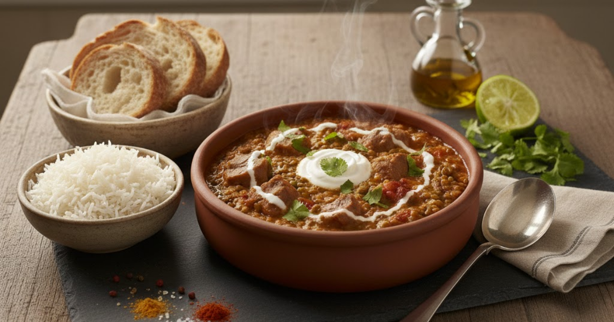 Lentilles mijotées à la tomate, crème & cabri halal avec os