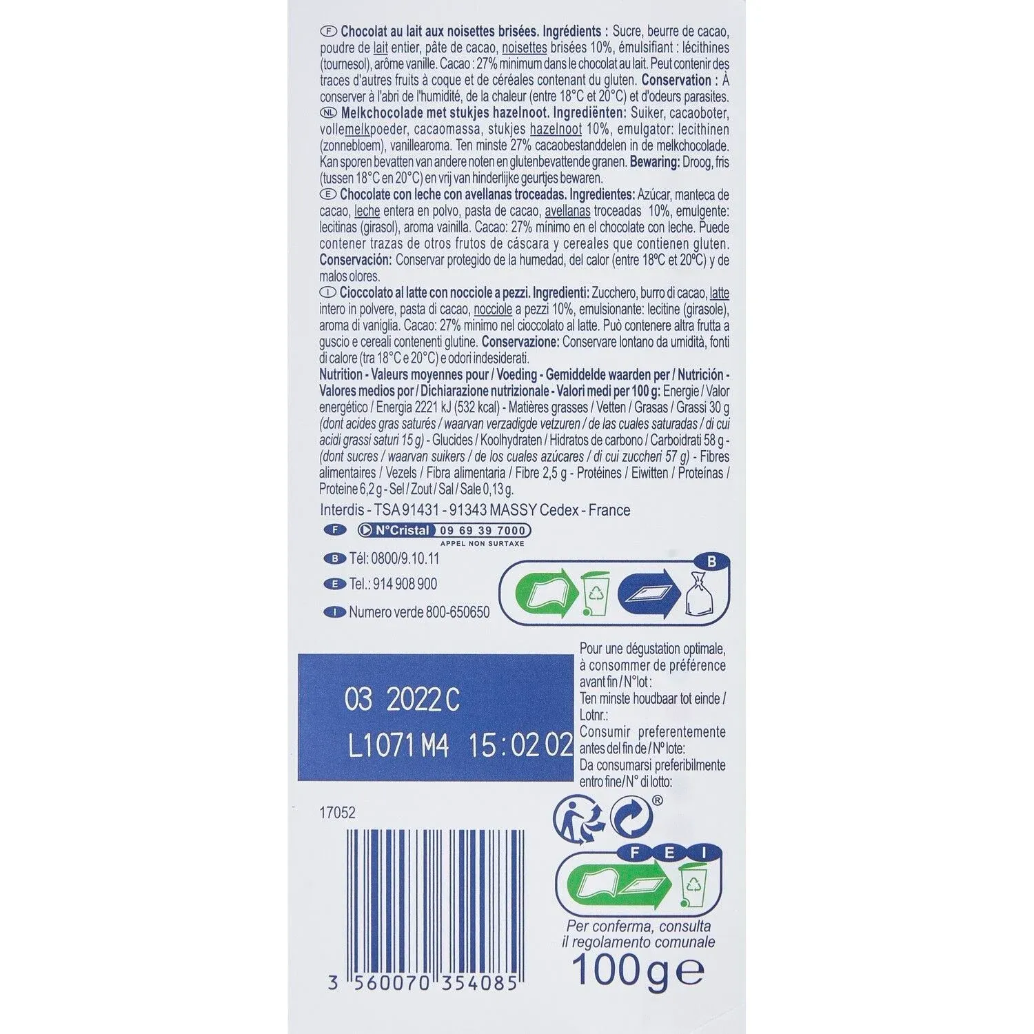 Tablette de Chocolat Lait Noisettes SIMPL