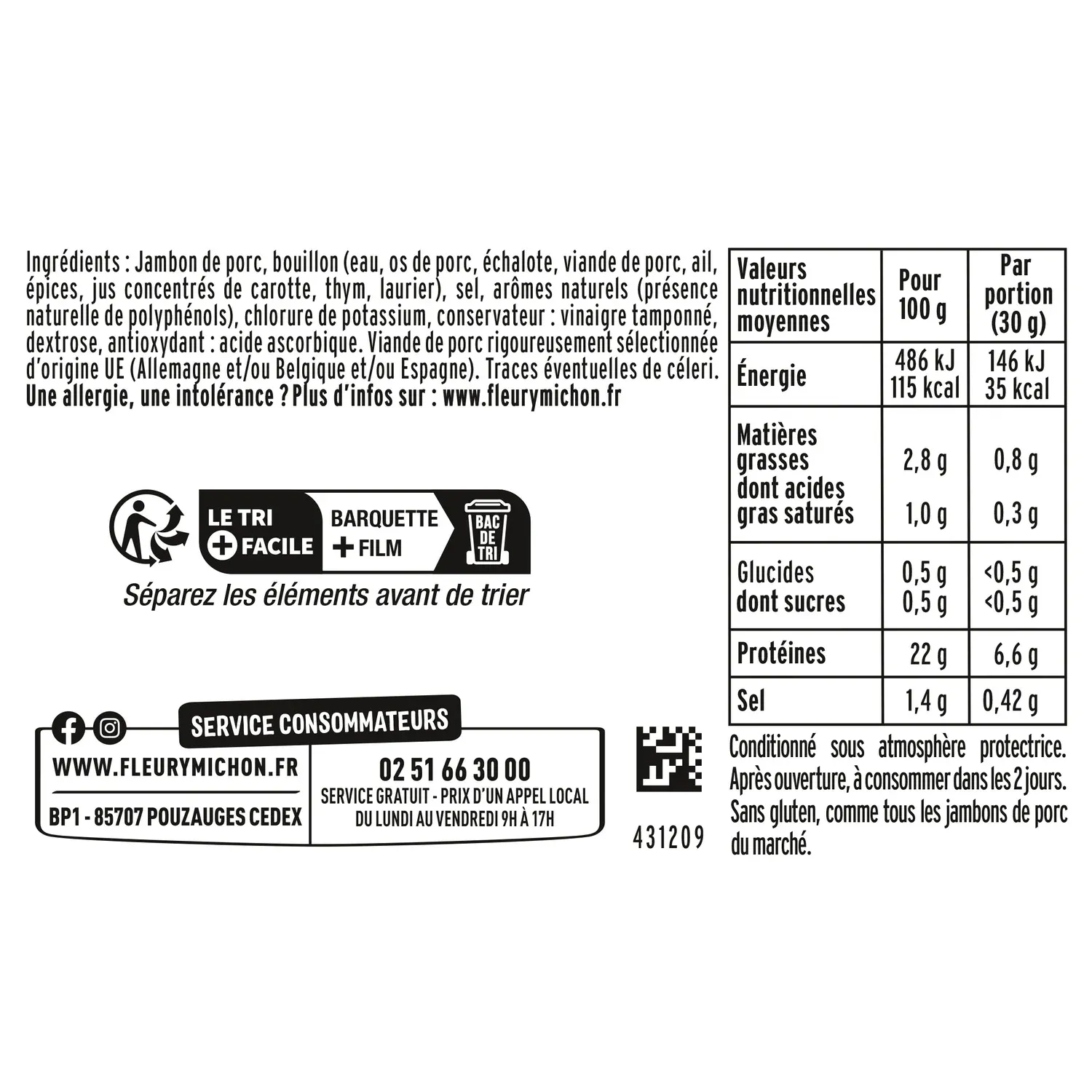 Jambon le Tranché Fin réduit en sel conservation sans nitrite FLEURY MICHON