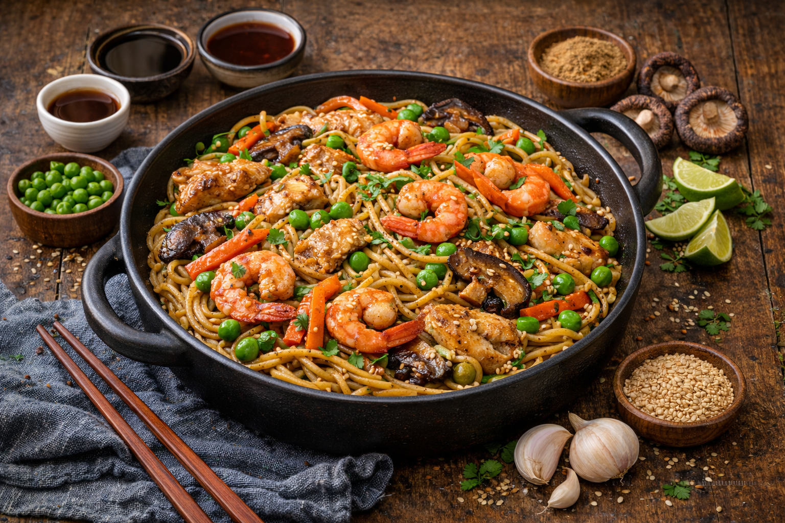 Sauté de nouilles chinoises au poulet et légumes
