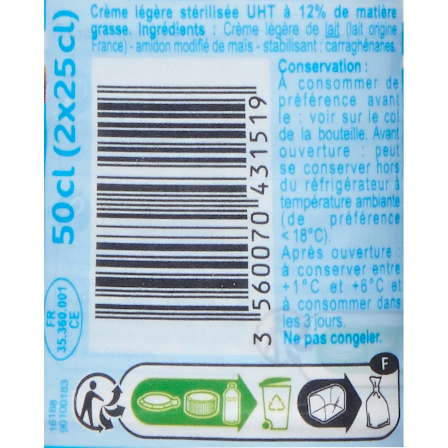 Crème Fluide Légère 12% Mg CARREFOUR CLASSIC'