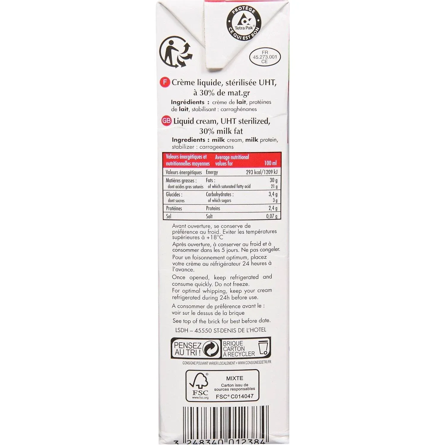 Crème Entière Liquide Stérilisée Uht 30% Mat.Gr.