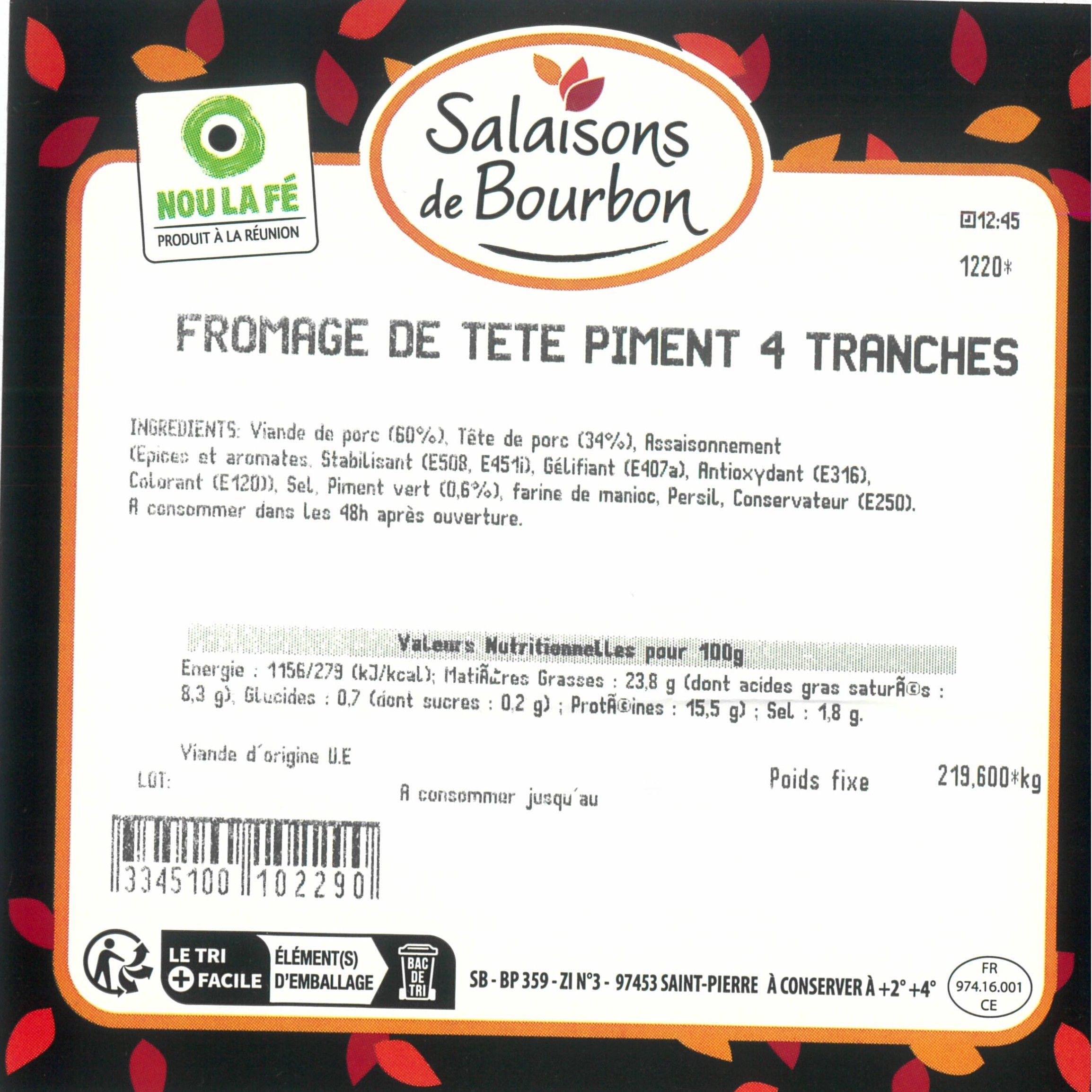 FROMAGE DE TÊTE CRÉOLE AU PIMENT 180G 4 TRANCHES