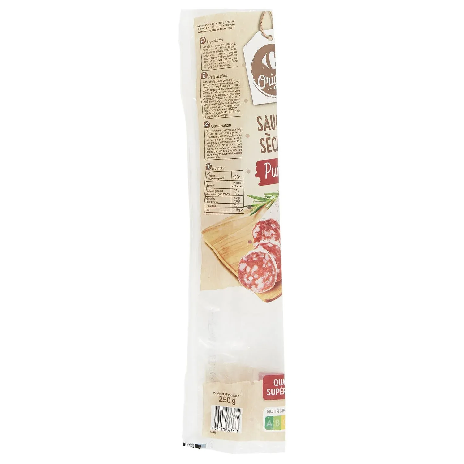 Saucisse sèche pur porc CARREFOUR ORIGINAL
