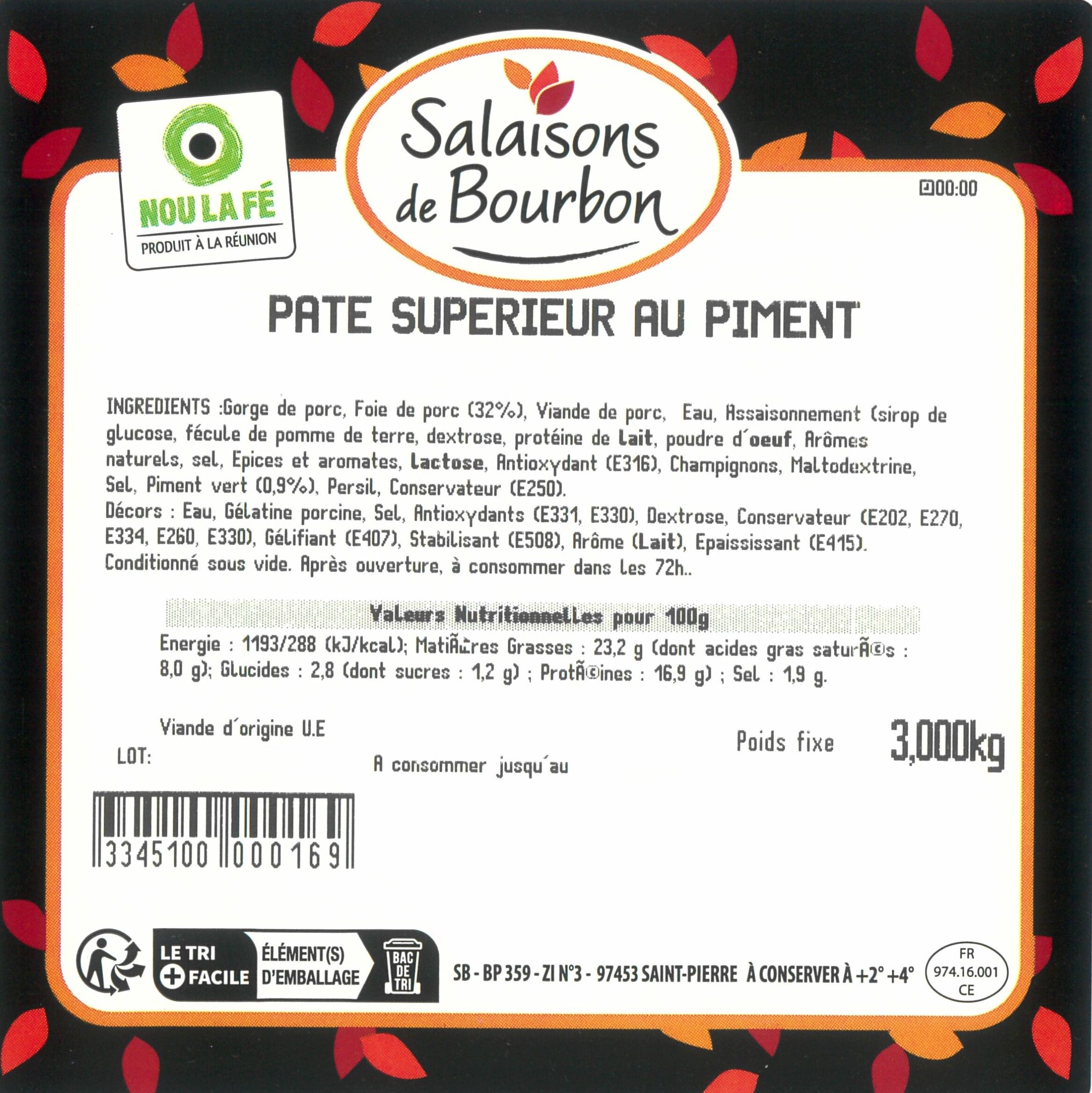 PÂTE DE CAMPAGNE SUPÉRIEUR AU PIMENT 3KG SB