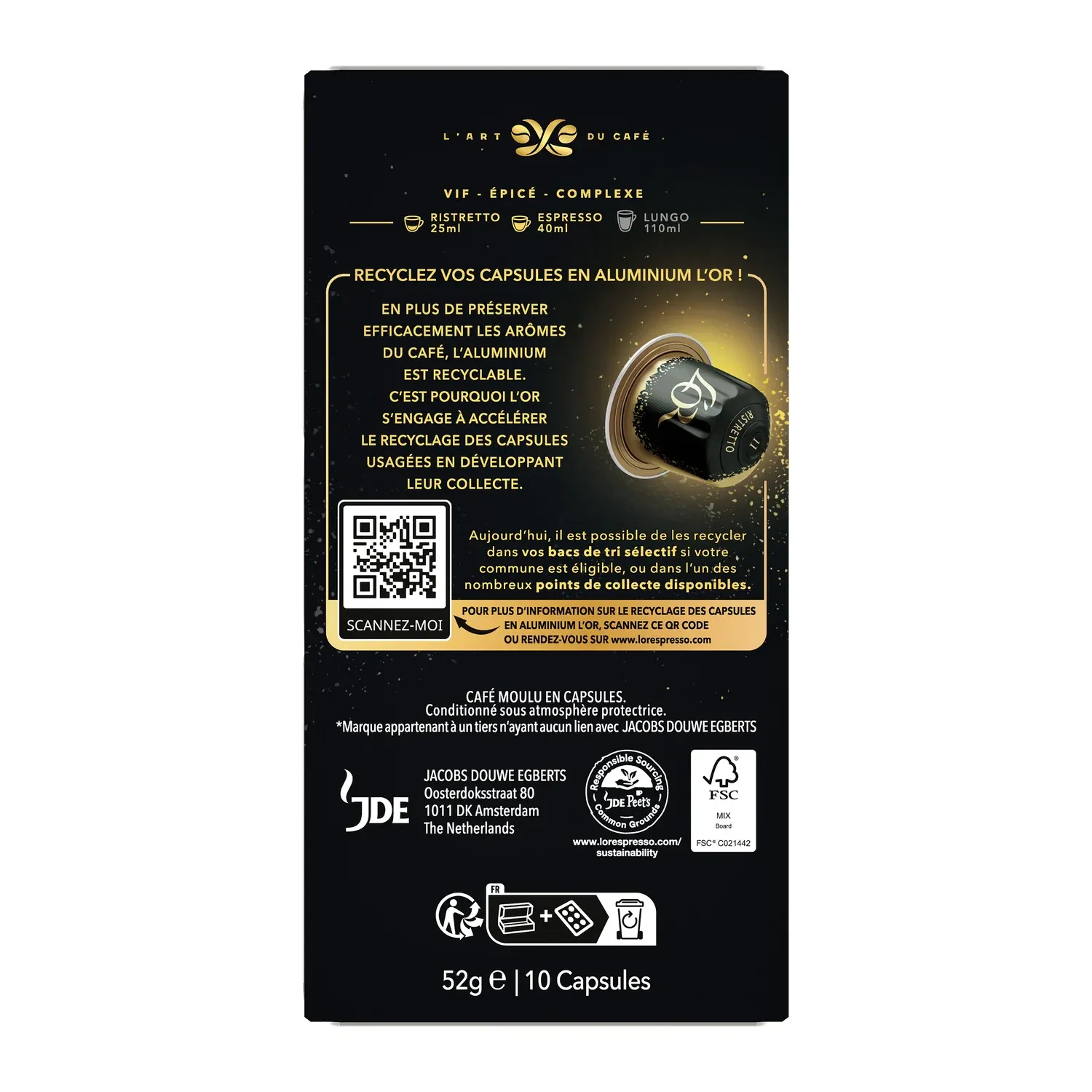 Café capsules ristretto intensité 11 compatibles Nespresso L'OR