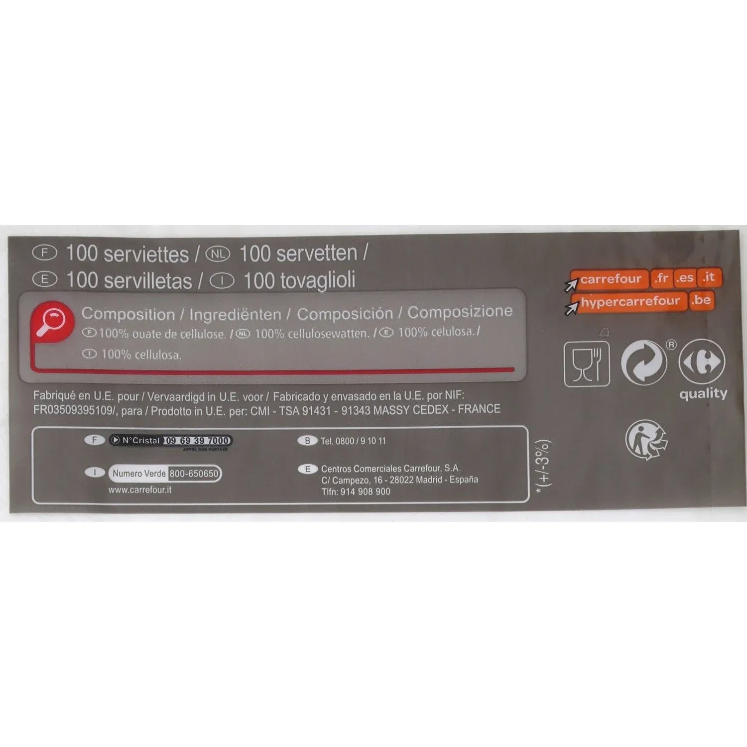 Serviette en Papier 40x40cm 3 plis, blanc CARREFOUR HOME