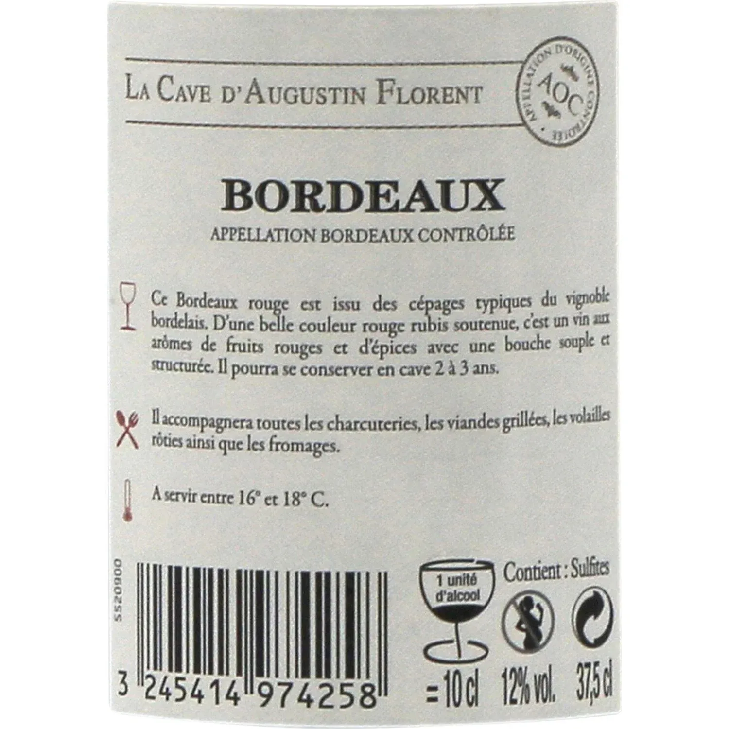 Vin Rouge A.O.P. Bordeaux LA CAVE D'AUGUSTIN FLORENT