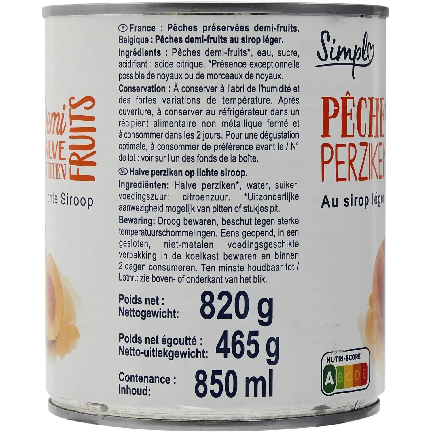 Fruits au Sirop Pêches Demi-Fruits SIMPL