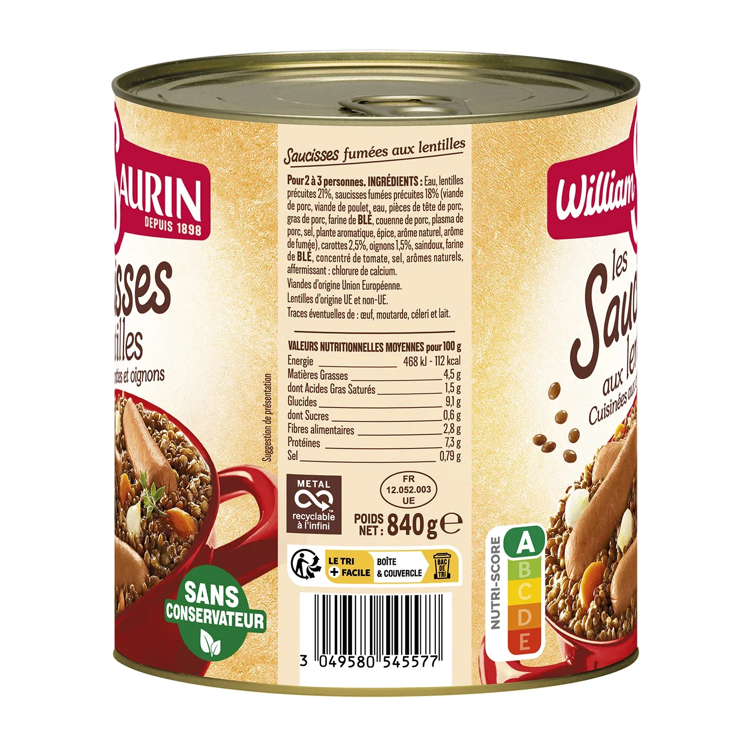 Plat familial Saucisses aux Lentilles  WILLIAM SAURIN