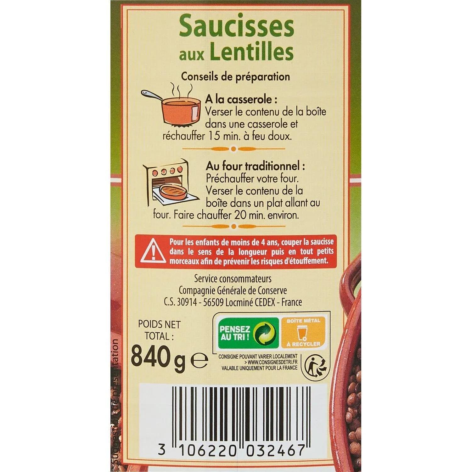 Plat cuisiné saucisses lentilles