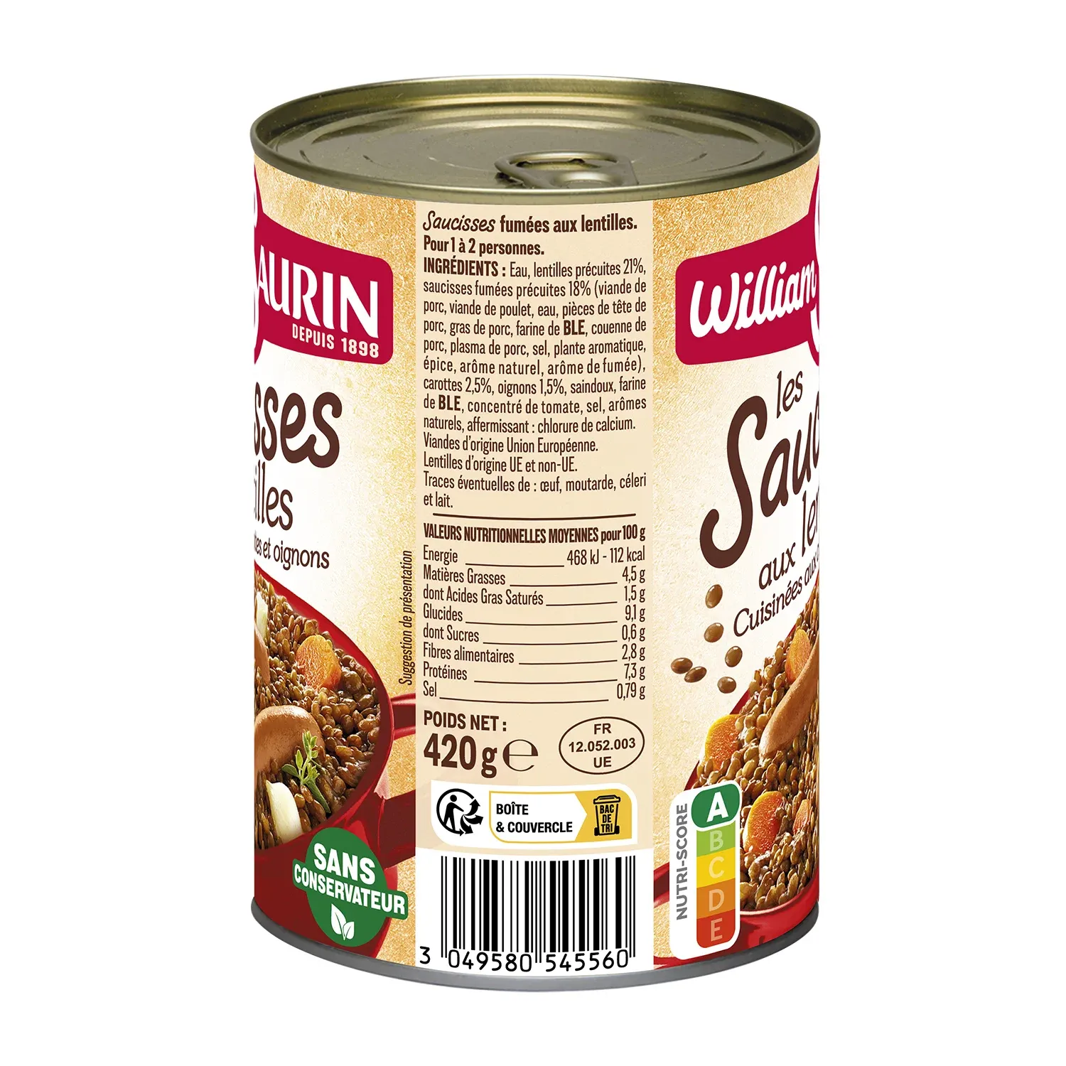 Plat Individuel Saucisses aux Lentilles WILLIAM SAURIN