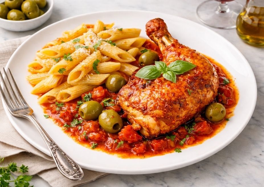 Cuisses de poulet aux olives vertes et sauce tomate
