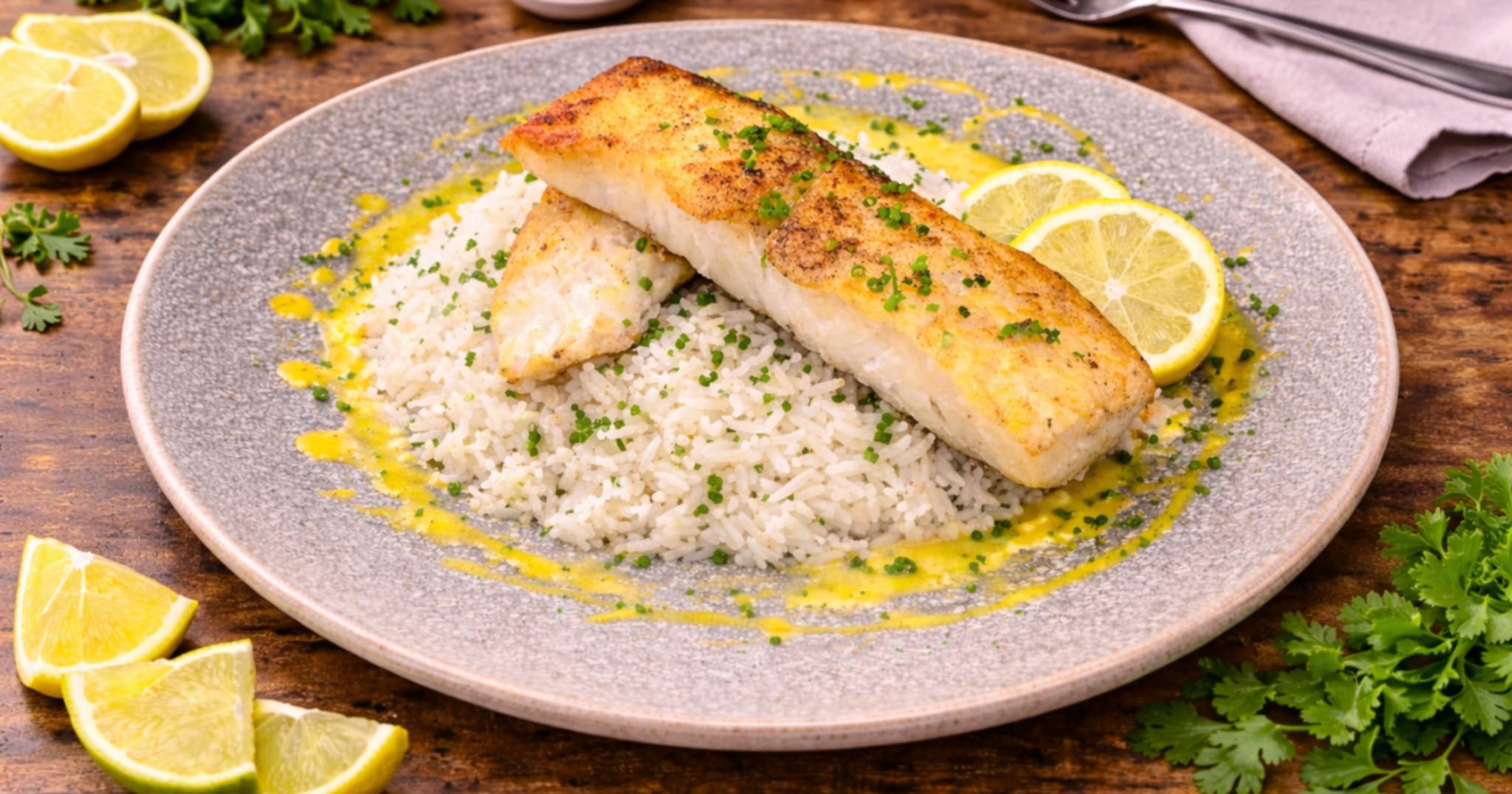 Daurade coryphène poêlée, sauce citron-coco & riz parfumé
