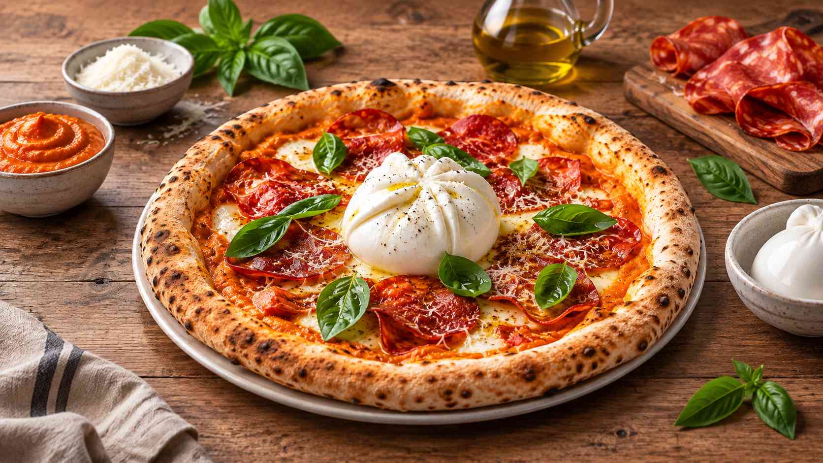 Pizza crème de poivrons, burrata et spianata piccante